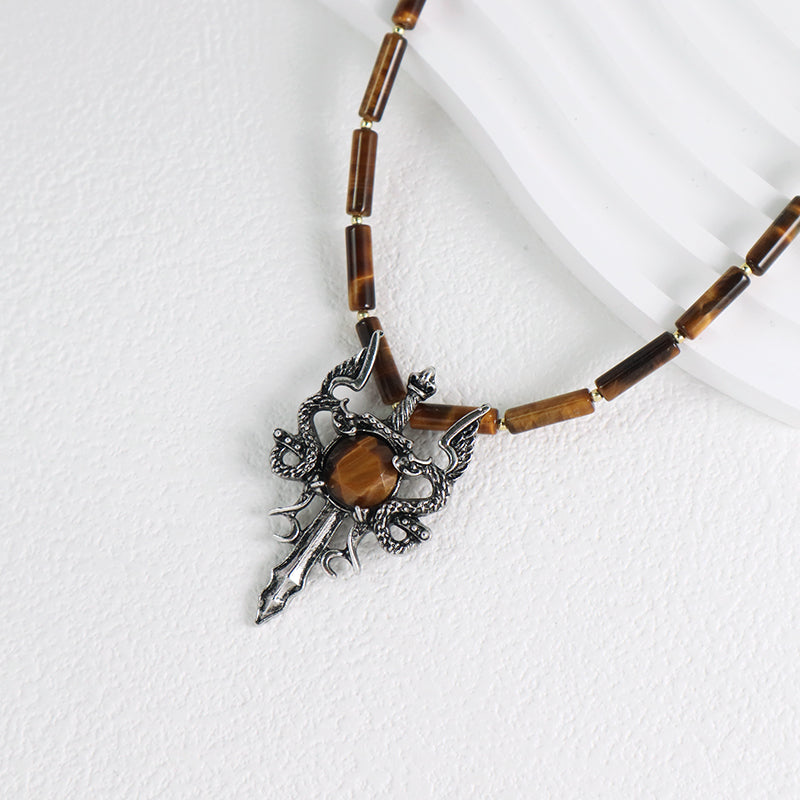 OEM Handmade Wholesale Custom Men Women Natural Stone Beads Ajustable Stainless Steel Tail Chain Sword Dragon Pendant Necklace