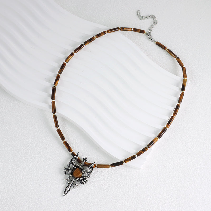 OEM Handmade Wholesale Custom Men Women Natural Stone Beads Ajustable Stainless Steel Tail Chain Sword Dragon Pendant Necklace