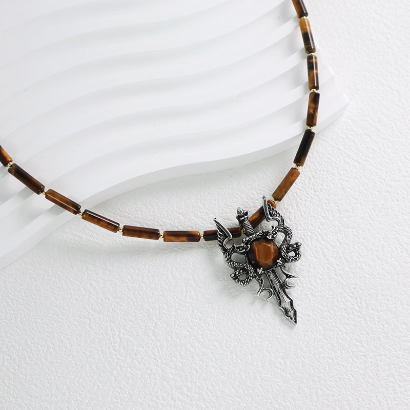 OEM Handmade Wholesale Custom Men Women Natural Stone Beads Ajustable Stainless Steel Tail Chain Sword Dragon Pendant Necklace