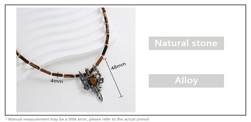 OEM Handmade Wholesale Custom Men Women Natural Stone Beads Ajustable Stainless Steel Tail Chain Sword Dragon Pendant Necklace