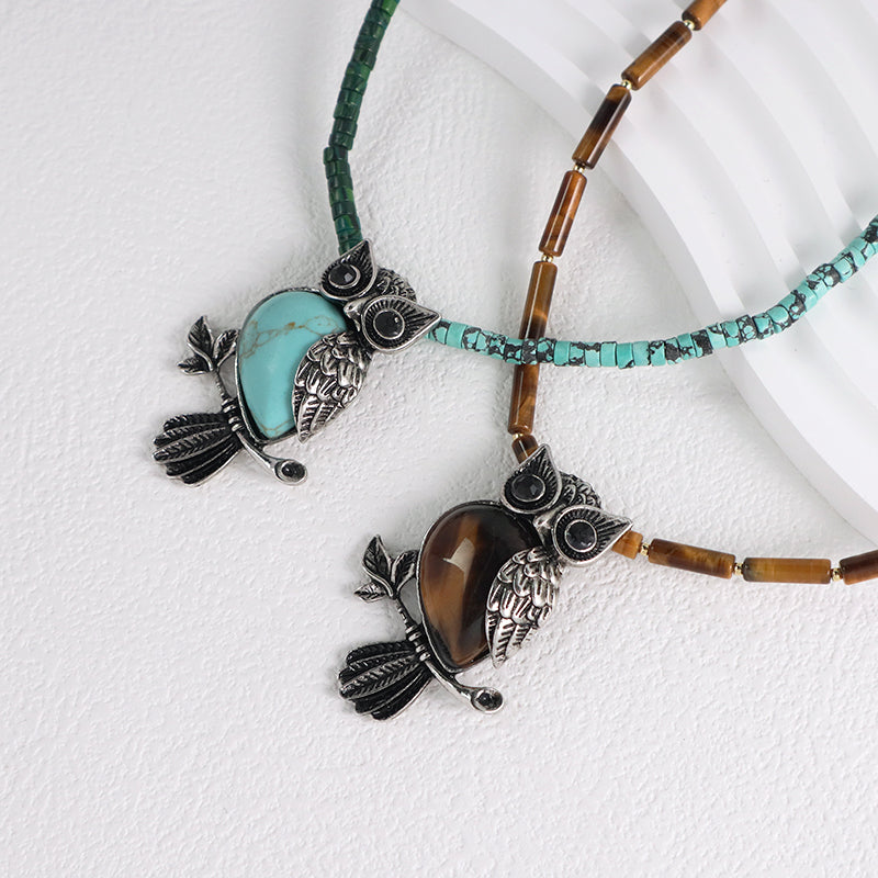 Wholesale Handmade Custom OEM Natural Stone Beads Men Women Jewelry Ajustable Stainless Steel Tail Chain Owl Pendant Necklace