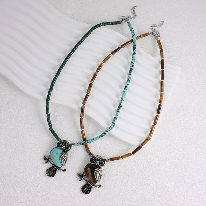 Wholesale Handmade Custom OEM Natural Stone Beads Men Women Jewelry Ajustable Stainless Steel Tail Chain Owl Pendant Necklace