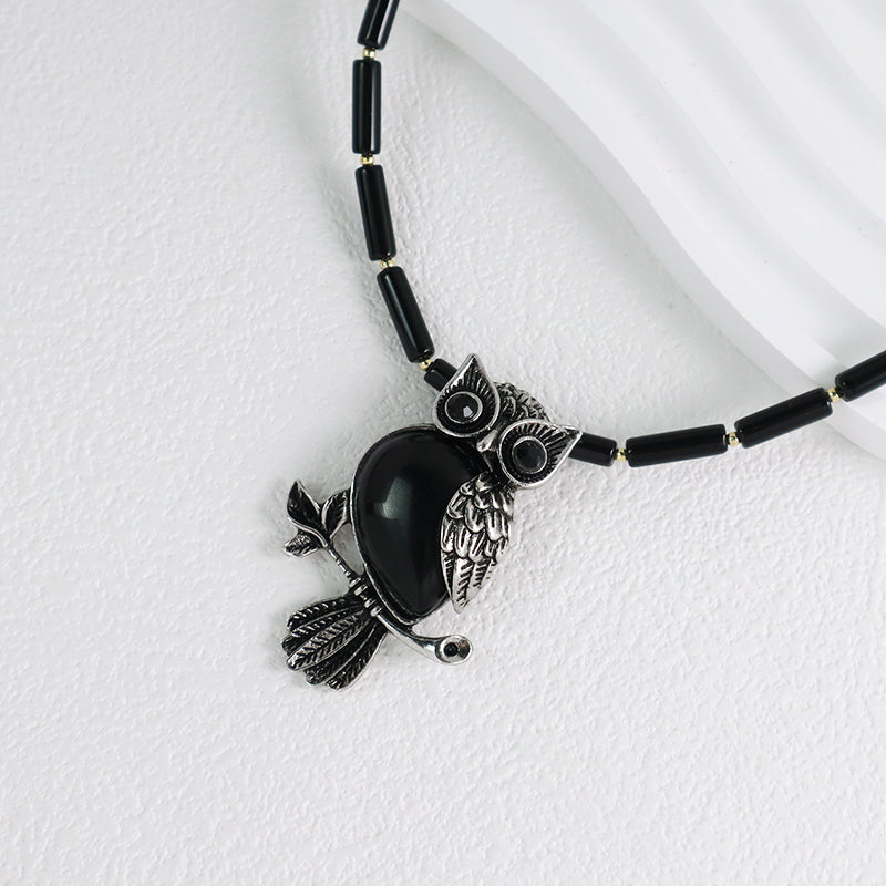 Wholesale Handmade Custom OEM Natural Stone Beads Men Women Jewelry Ajustable Stainless Steel Tail Chain Owl Pendant Necklace