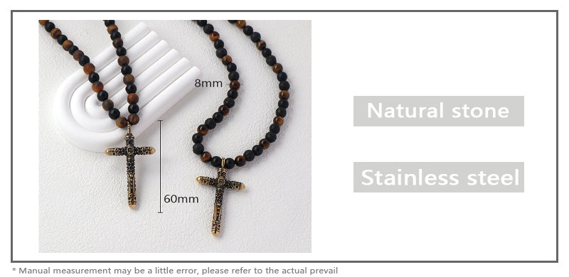 Wholesale OEM Custom China Factory Men Women Fashion 8mm Handmade Custom Gold Plated Natural Stone Beads Cross Pendant Necklace
