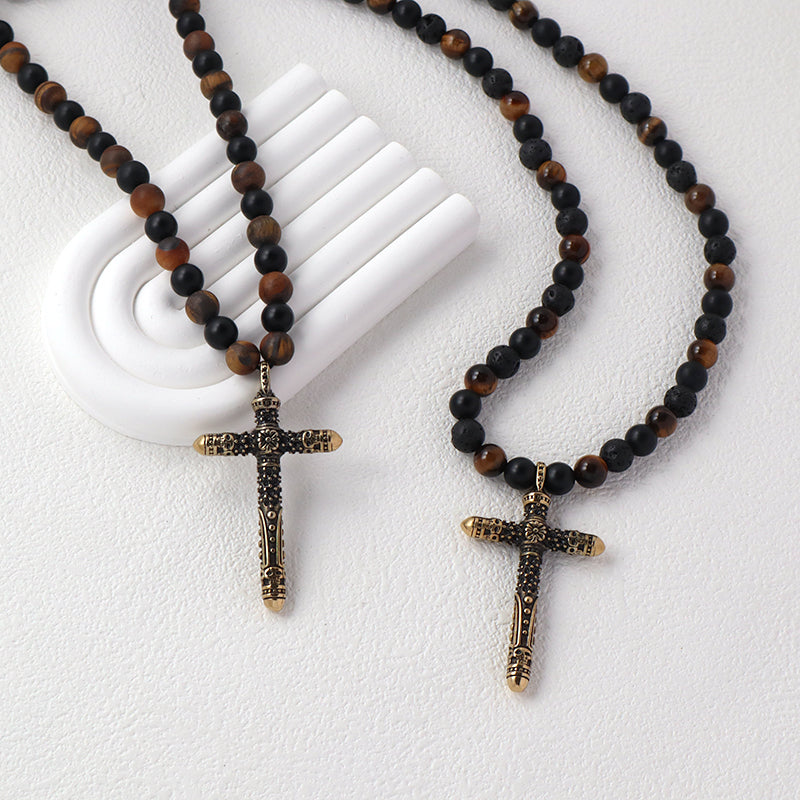 Wholesale OEM Custom China Factory Men Women Fashion 8mm Handmade Custom Gold Plated Natural Stone Beads Cross Pendant Necklace