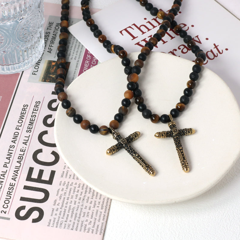 Wholesale OEM Custom China Factory Men Women Fashion 8mm Handmade Custom Gold Plated Natural Stone Beads Cross Pendant Necklace