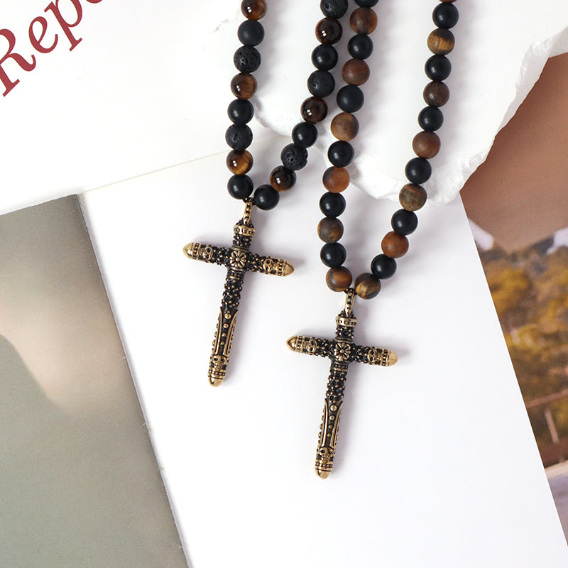 Wholesale OEM Custom China Factory Men Women Fashion 8mm Handmade Custom Gold Plated Natural Stone Beads Cross Pendant Necklace