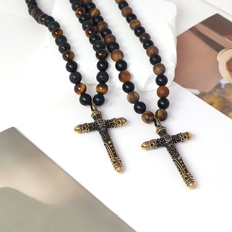 Wholesale OEM Custom China Factory Men Women Fashion 8mm Handmade Custom Gold Plated Natural Stone Beads Cross Pendant Necklace