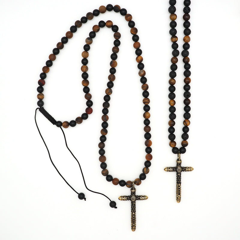 Wholesale OEM Custom China Factory Men Women Fashion 8mm Handmade Custom Gold Plated Natural Stone Beads Cross Pendant Necklace