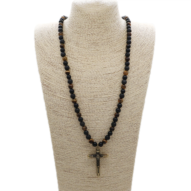 Wholesale OEM Custom China Factory Men Women Fashion 8mm Handmade Custom Gold Plated Natural Stone Beads Cross Pendant Necklace