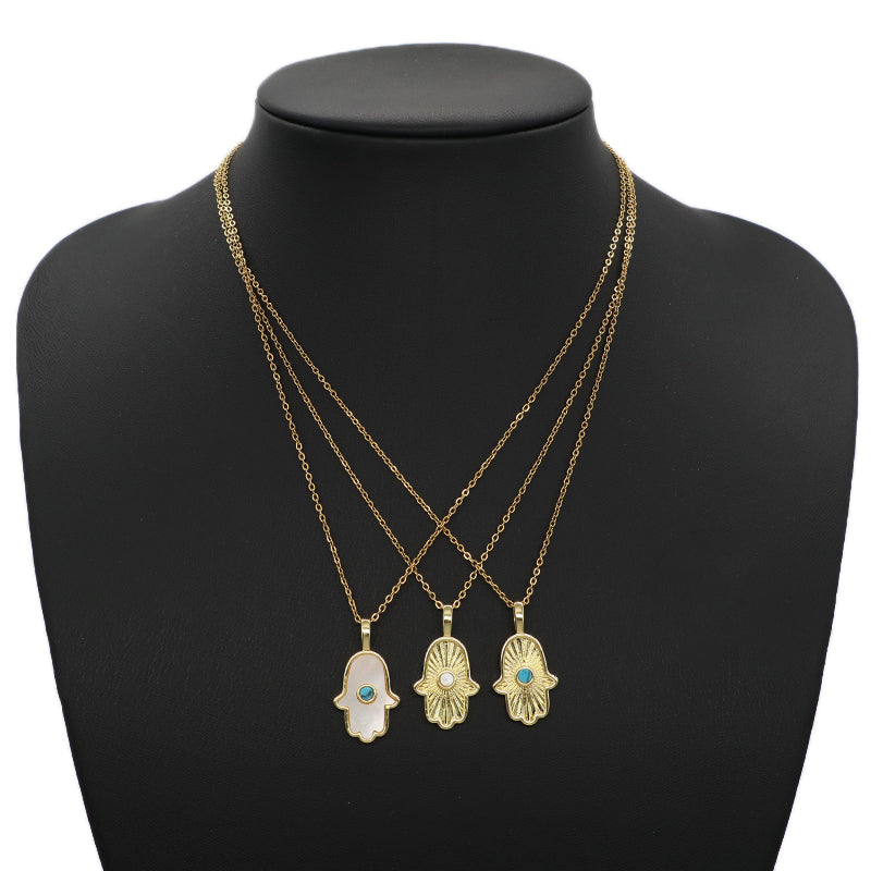 DIY Custom Manufacture China Factory Hand Shape Charm Pendant Jewelry CZ Gold Plated Natural Stone Hamsa Hand Necklace Pendant