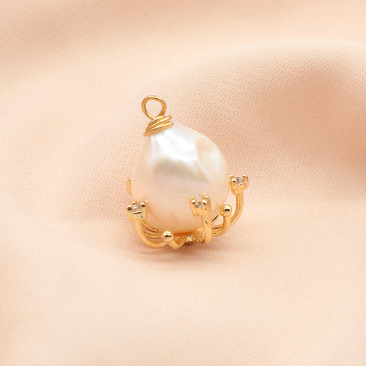 Wholesale Diy Manufacture China Factory Custom Pearl Necklace pendant Charm CZ Gold Plated Round Fresh Water Pearl Pendant For Women Gift