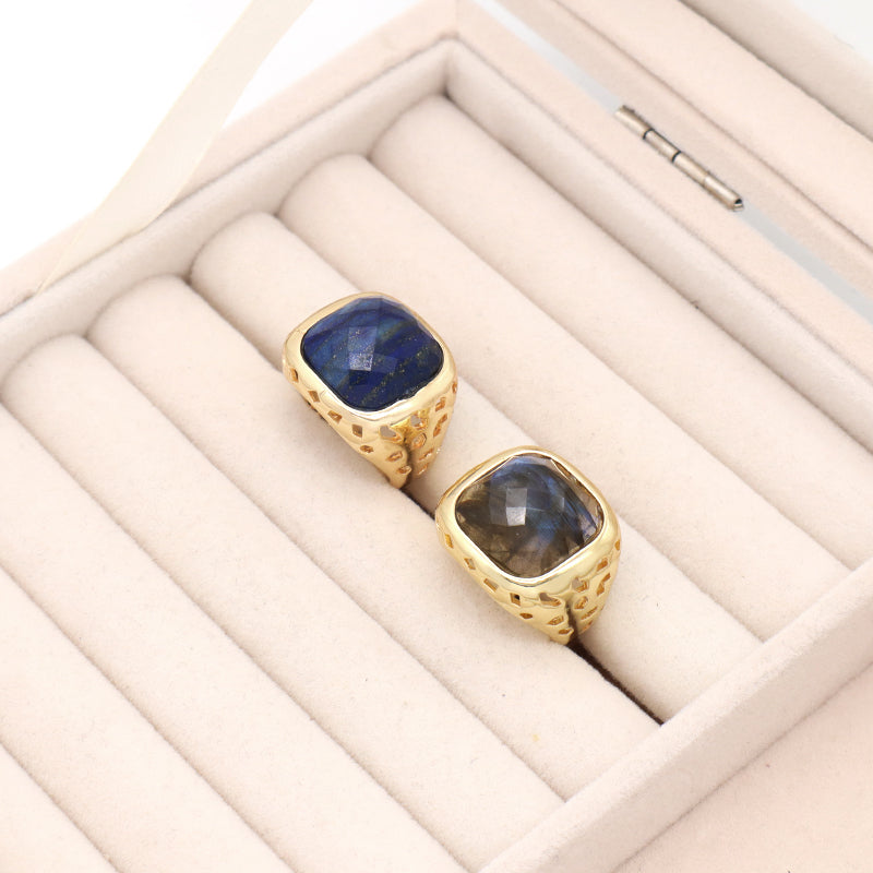 Wholesale Custom Purple Brown Blue Stone Adjustable Opening Finger Ring Women Gift Gold Plated Gemstone Natural Stone Ring