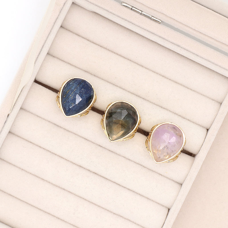 Adjustable Opening Gemstone Finger Ring Customized Wholesale Fashion Gift Gold Plated Water Drop Natural Stone Ring For Women