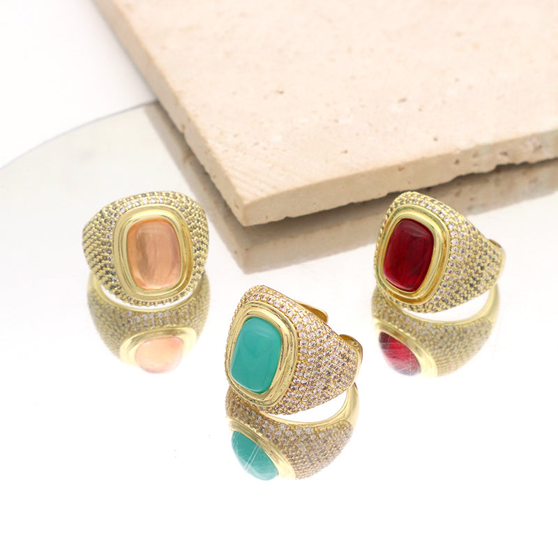 Wholesale Factory Custom Adjustable Opening Finger Ring Gift Jewelry Gold Plated Red Pink Blue Glass Crystal Ring For Women