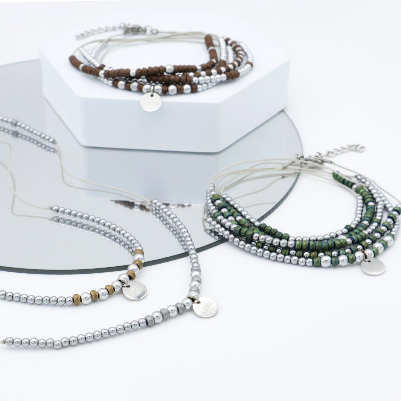 OEM CUSTOM HANDMADE Beaded jewelry bracelet necklace grey green coffee steel charms small natural stone bracelets bangles