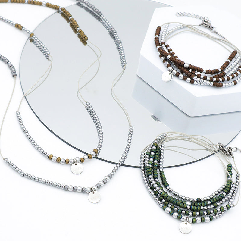 OEM CUSTOM HANDMADE Beaded jewelry bracelet necklace grey green coffee steel charms small natural stone bracelets bangles