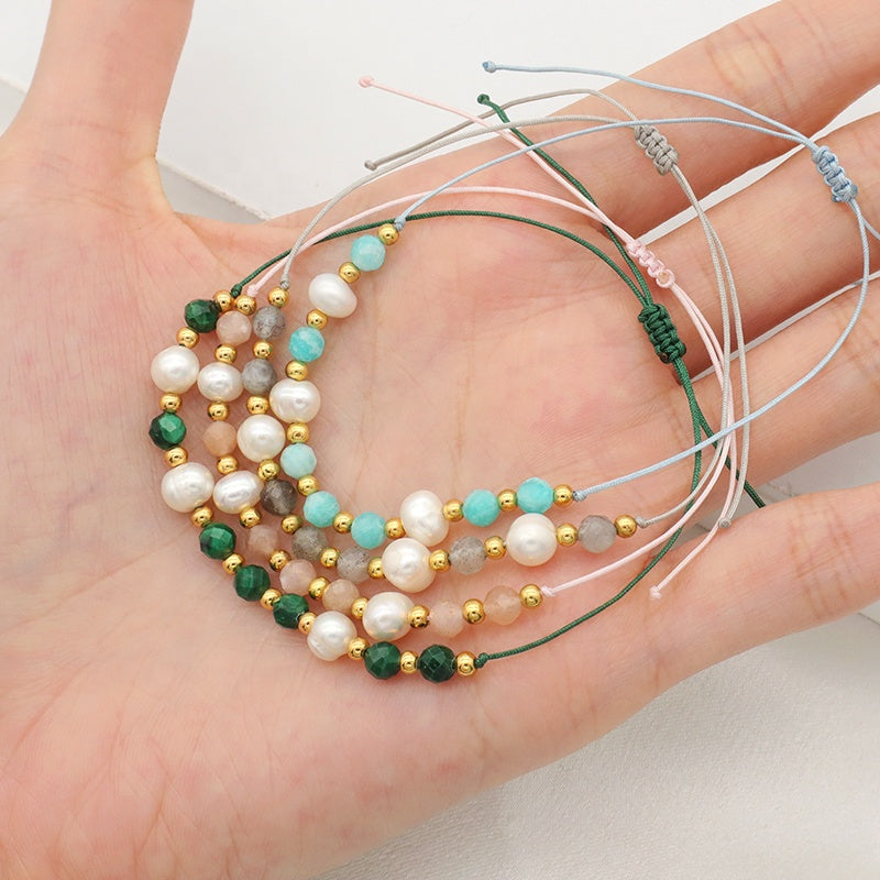 2022 fashion 925 sterling silver beads mix natural stone fresh water pearl Bracelet adjustable String beads bracelet