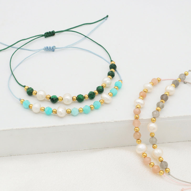 2022 fashion 925 sterling silver beads mix natural stone fresh water pearl Bracelet adjustable String beads bracelet