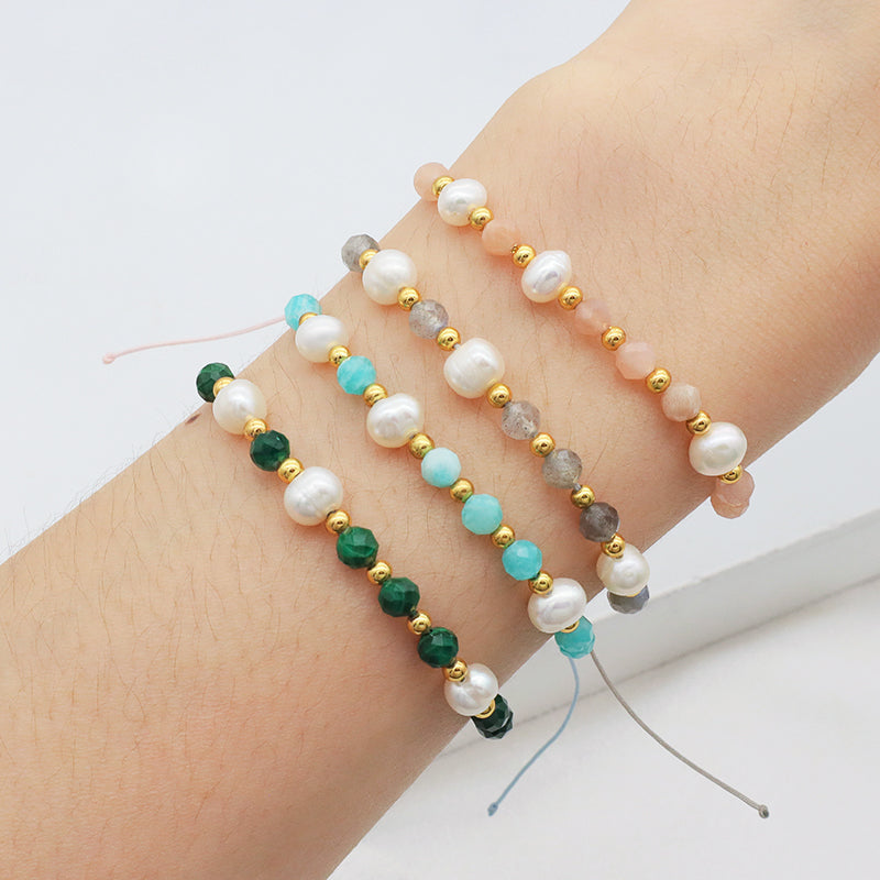 2022 fashion 925 sterling silver beads mix natural stone fresh water pearl Bracelet adjustable String beads bracelet