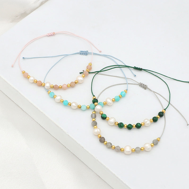 2022 fashion 925 sterling silver beads mix natural stone fresh water pearl Bracelet adjustable String beads bracelet
