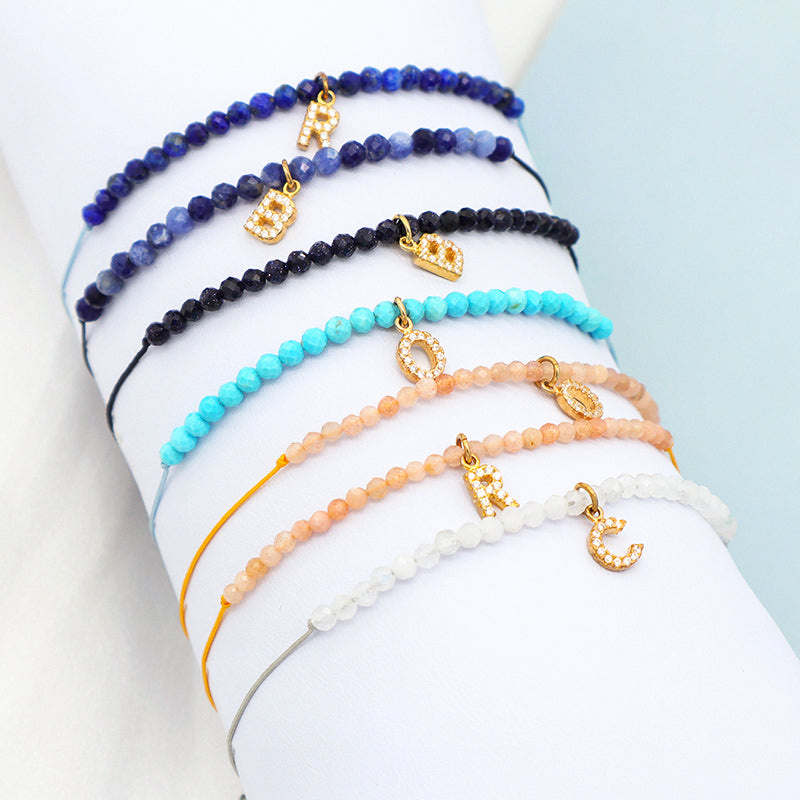 Wholesale Fashion women Handmade Customized adjustable natural stone beads bracelet jewelry crystal initial charms bracelet