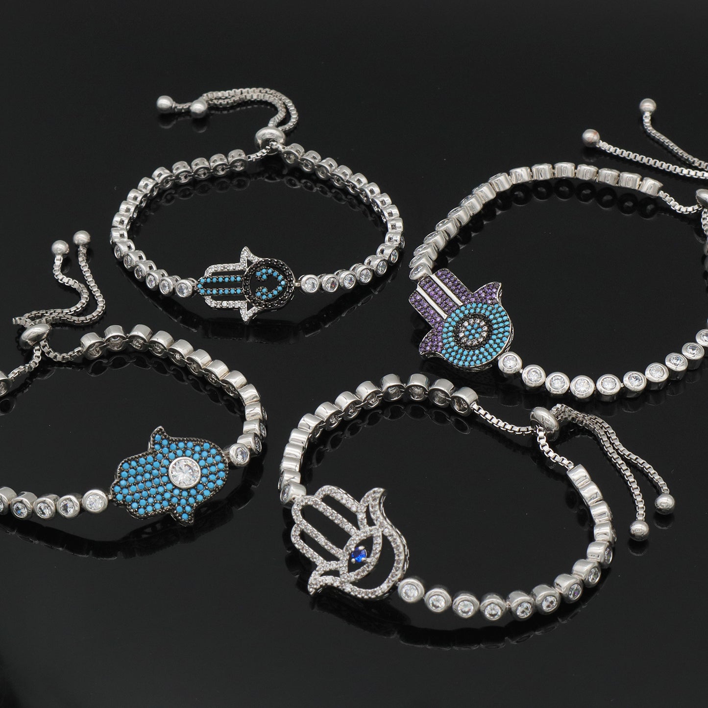 High Quality Elephant Hand Heart Eye Charm bangle bracelet jewelry set Micro Pave CZ rhodium luxury evil eyes bracelet for women