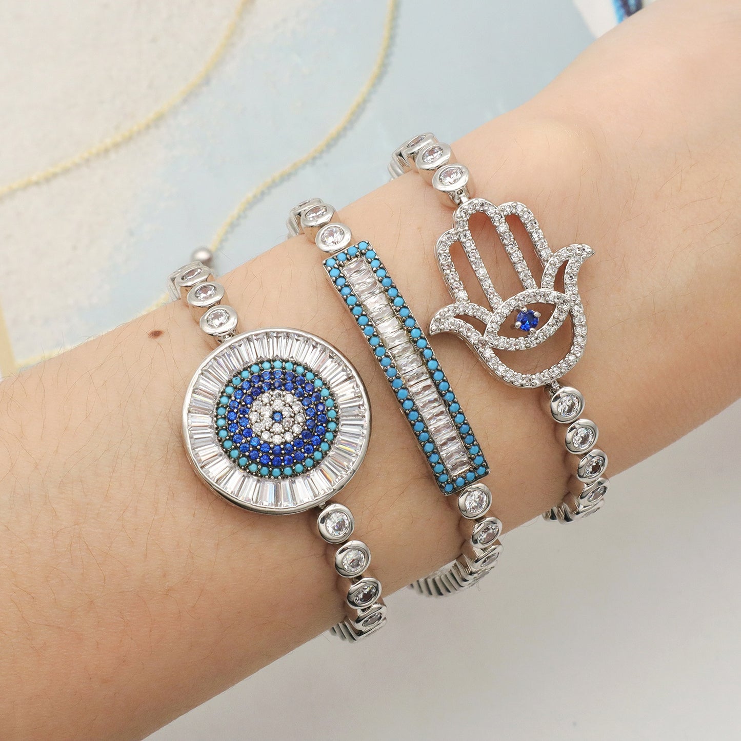 High Quality Elephant Hand Heart Eye Charm bangle bracelet jewelry set Micro Pave CZ rhodium luxury evil eyes bracelet for women
