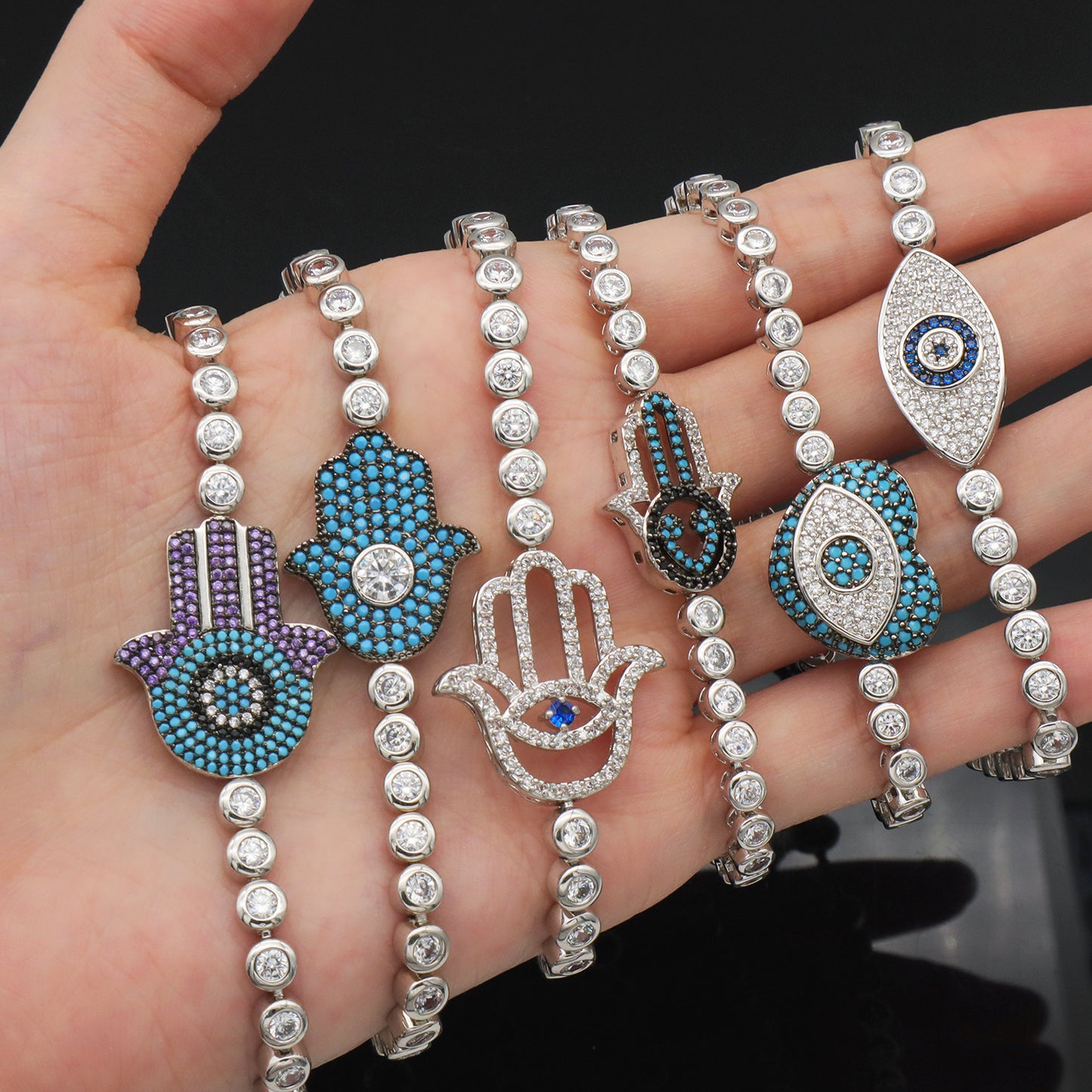 High Quality Elephant Hand Heart Eye Charm bangle bracelet jewelry set Micro Pave CZ rhodium luxury evil eyes bracelet for women