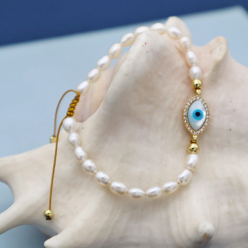 6mm fresh water pearl woman adjust gold plated cubic zirconia jewelry set glass rope evil eyes bracelet