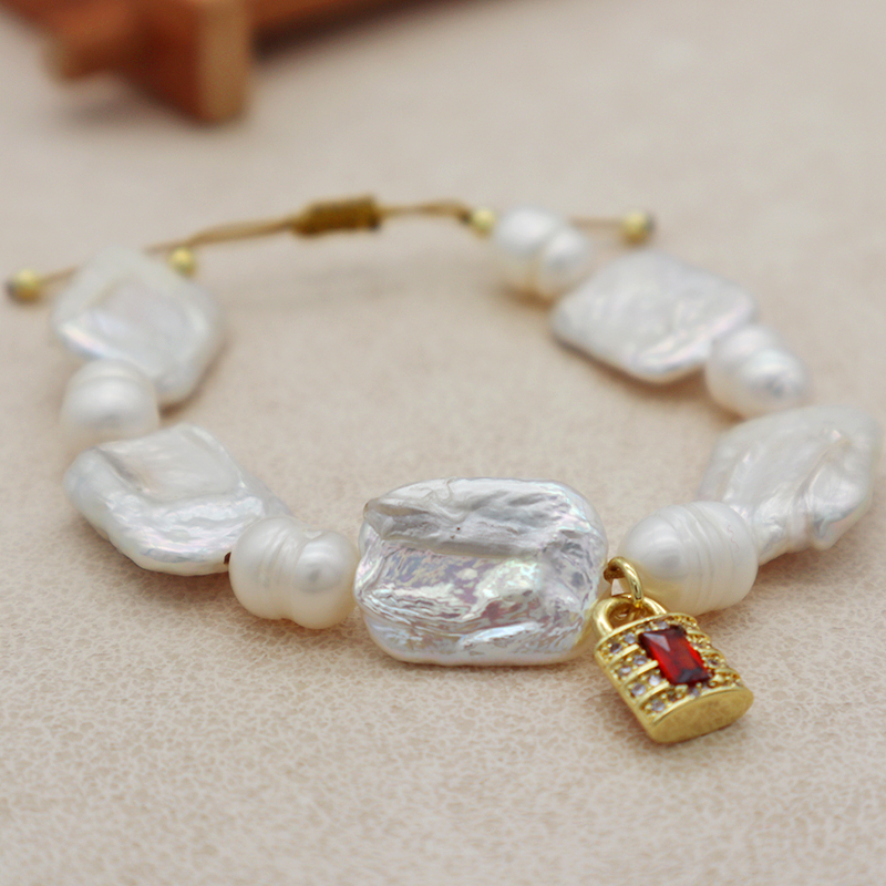 summer collection white fresh water pearl with gold plated brass and CZ lock charm pendant bracelet