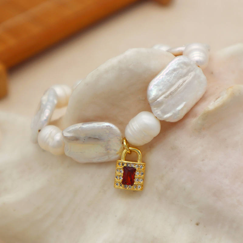 summer collection white fresh water pearl with gold plated brass and CZ lock charm pendant bracelet