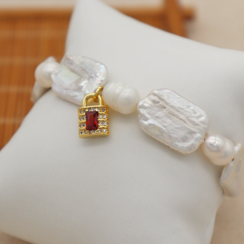 summer collection white fresh water pearl with gold plated brass and CZ lock charm pendant bracelet