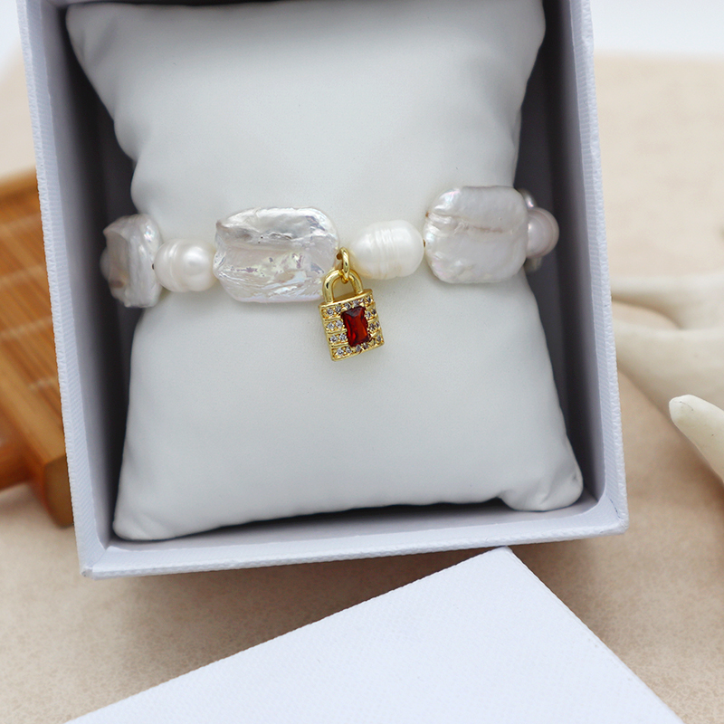 summer collection white fresh water pearl with gold plated brass and CZ lock charm pendant bracelet