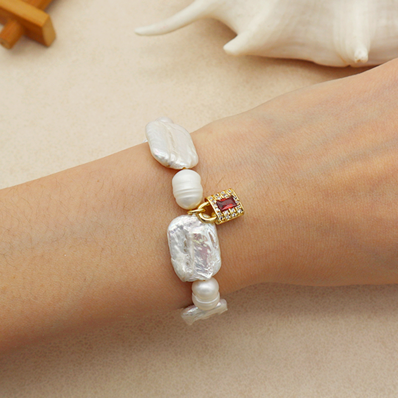 summer collection white fresh water pearl with gold plated brass and CZ lock charm pendant bracelet