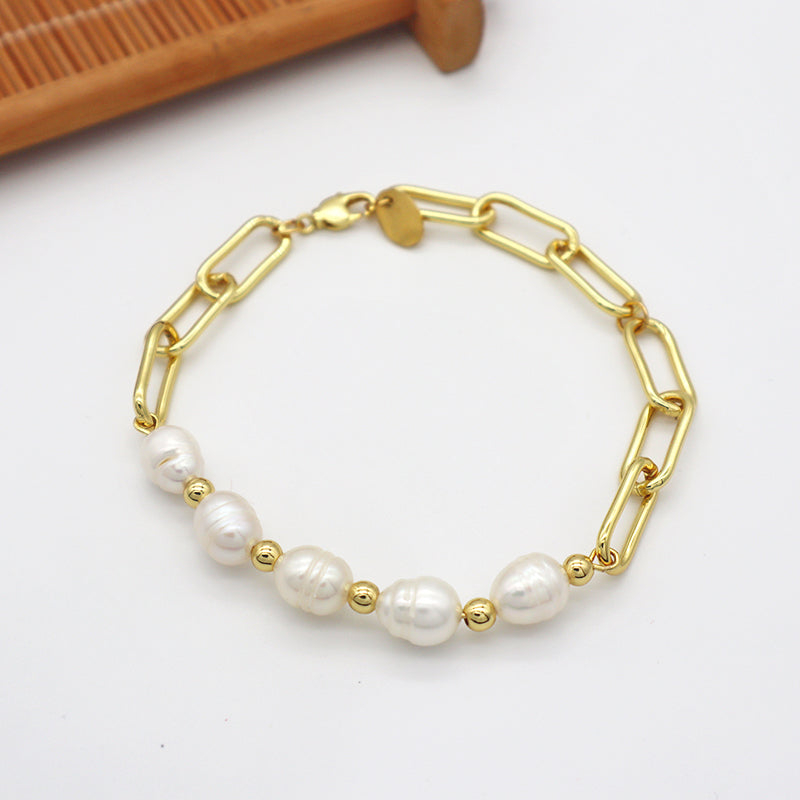 Lobster buckle 14k gold plated stainless steel fresh water pearl natural pearl beads bracelet women
