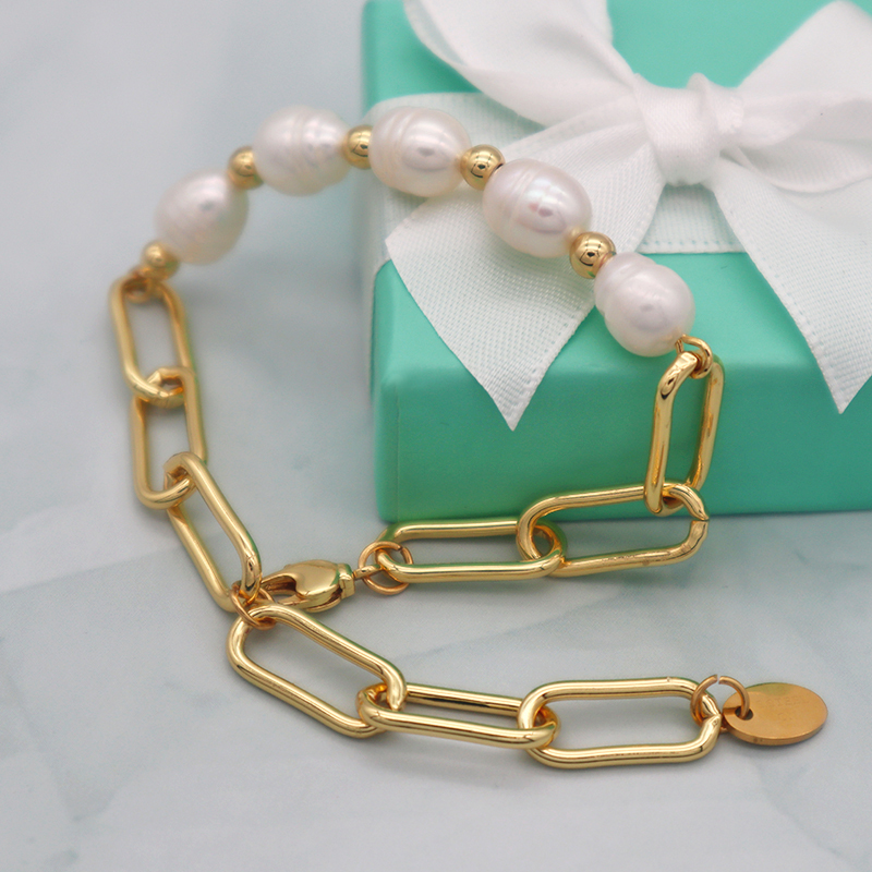 Lobster buckle 14k gold plated stainless steel fresh water pearl natural pearl beads bracelet women