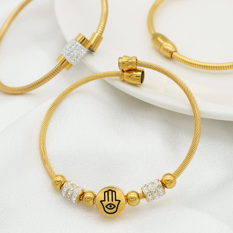High quality 18K gold plated pave crystal charms stainless steel bangle bracelets