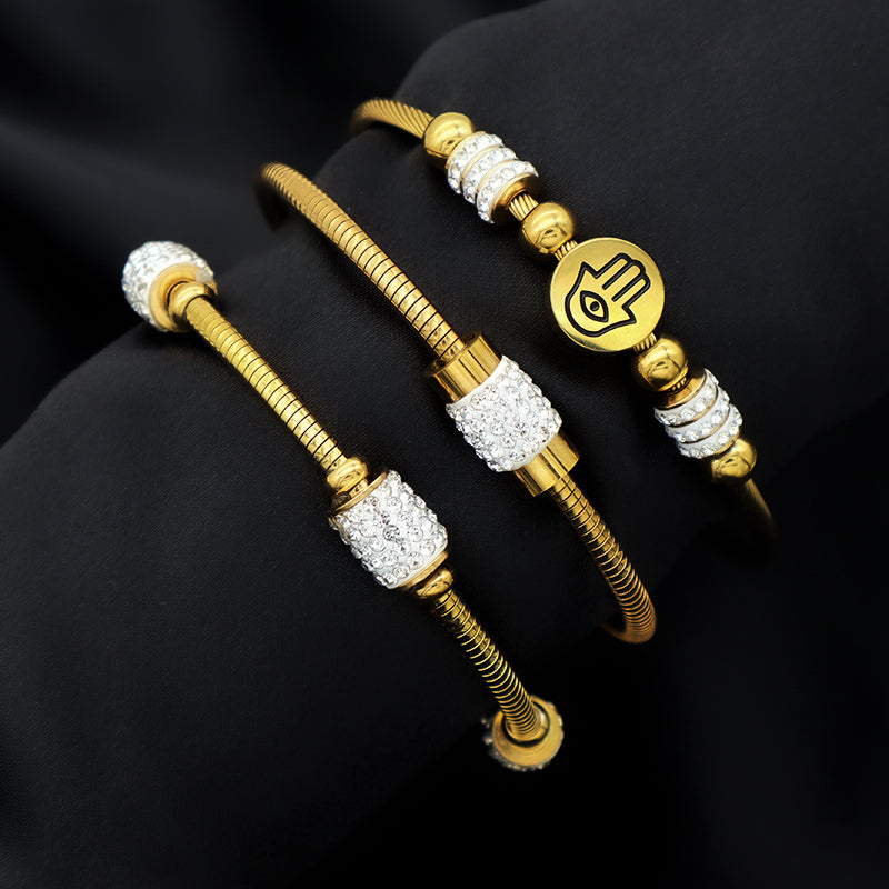 High quality 18K gold plated pave crystal charms stainless steel bangle bracelets