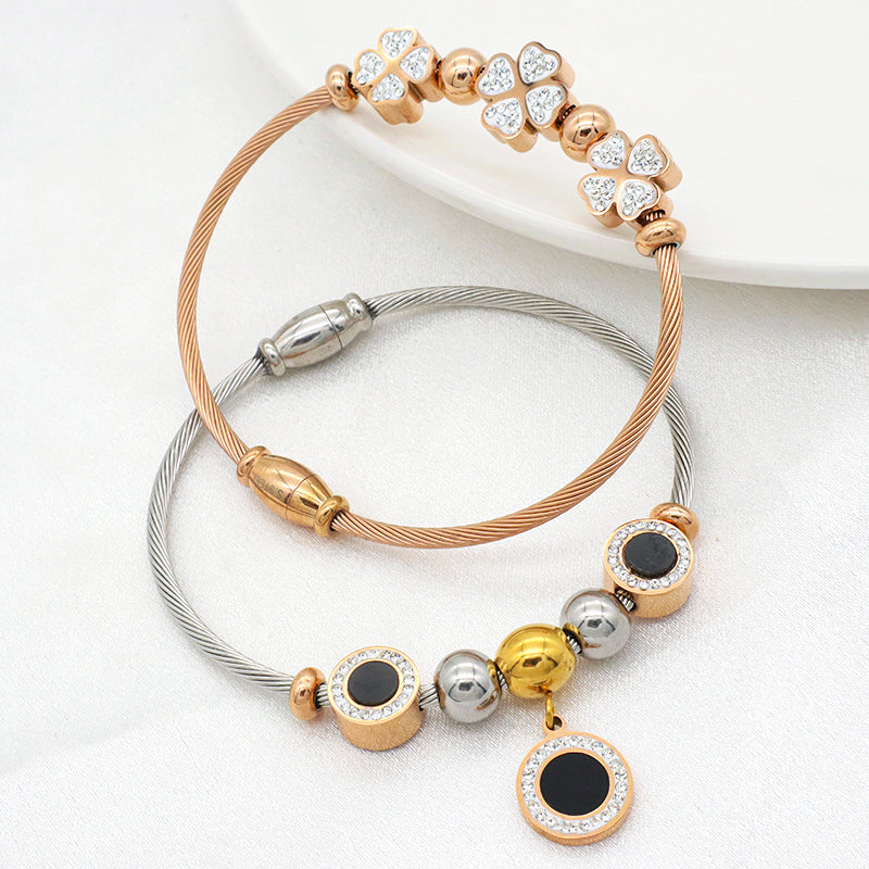 High quality 18K gold plated pave crystal charms stainless steel bangle bracelets