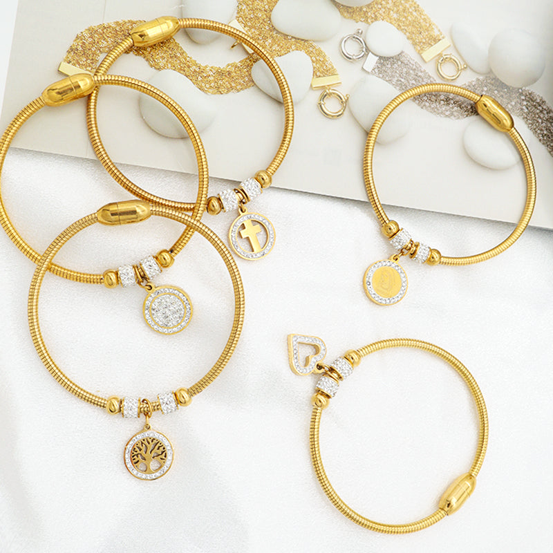 Wholesale Good Quality Custom 18K Gold plated Crystal Heart Butterfly Cross Family Tree charm stainless steel inspiration bangle