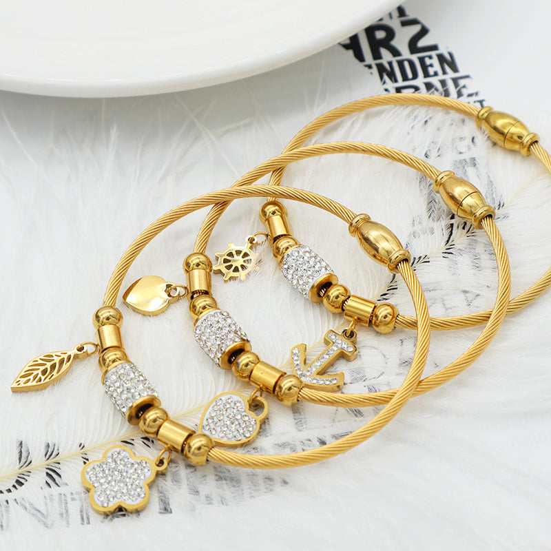 High PVD plated quality 18k gold plated women stainless steel bangle charm bracelet