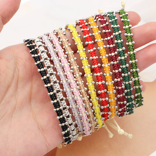 Custom wholesale spring colorful 2mm 925 sterling silver beads handmade lace two layer woven bracelet