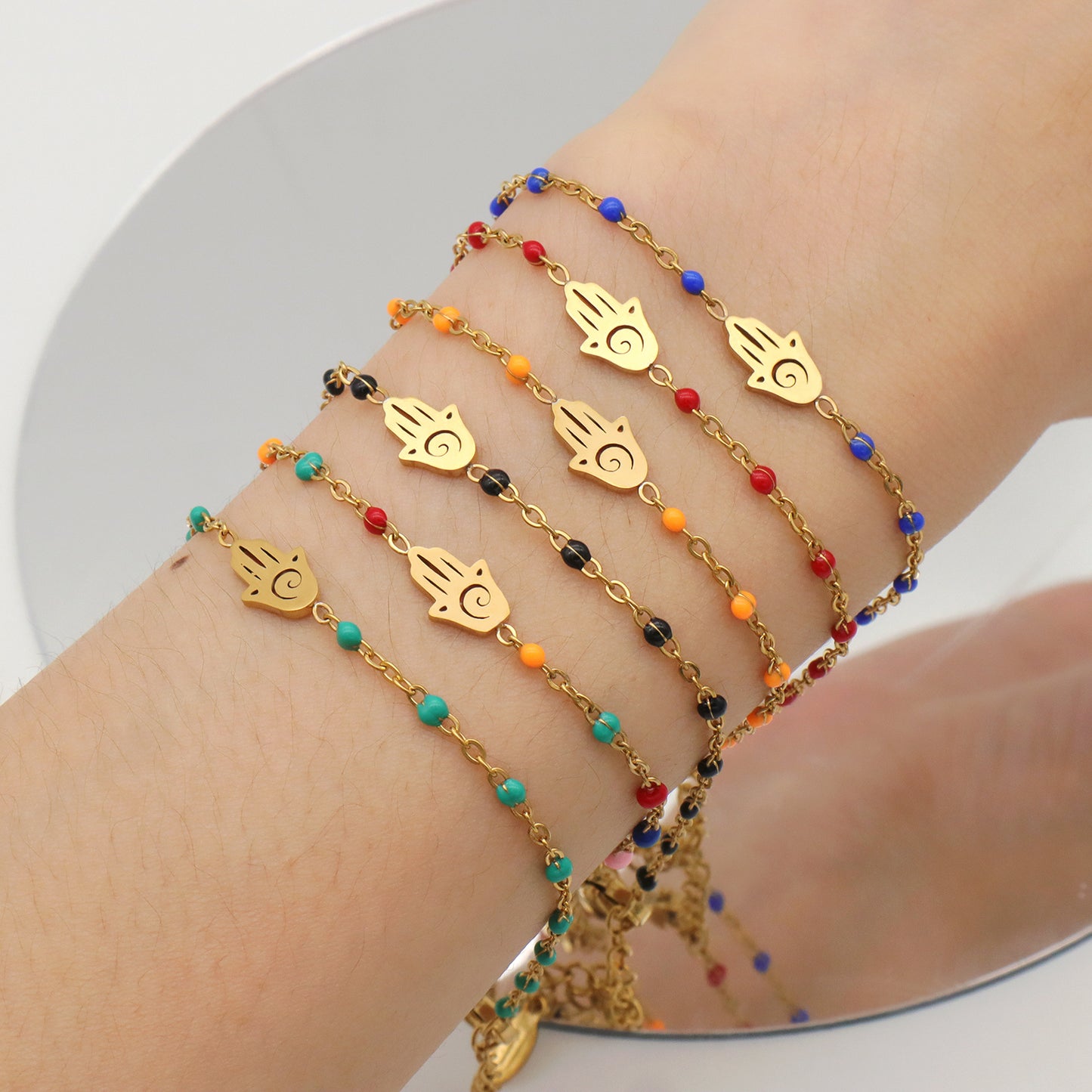 Multi Options Women Gold Plated Stainless Steel Hand Star Heart Elephant Butterfly Eye Charm Enamel Evil Eyes Bracelet Jewelry
