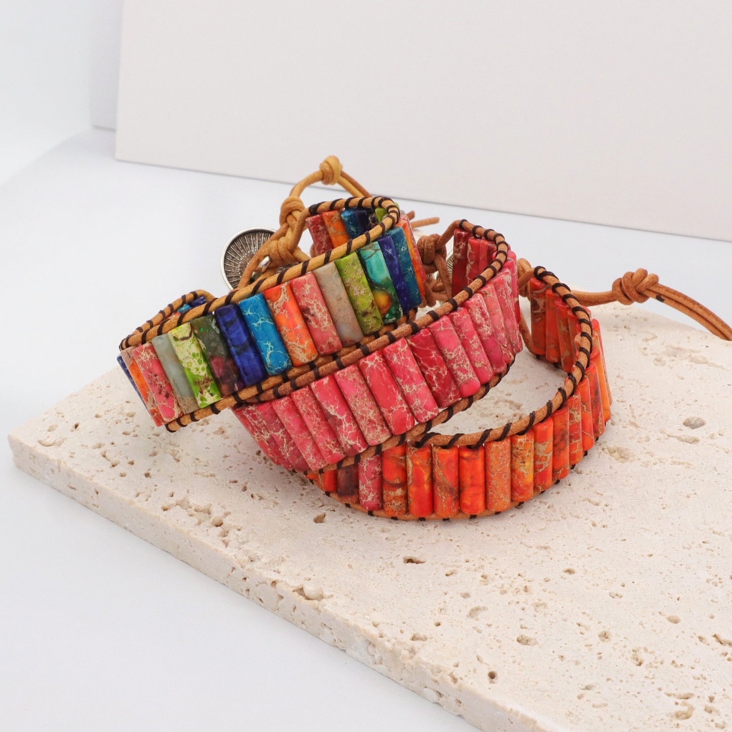 New Design Fashion Women Bohemia Handmade Tube Natural Stone Beads Braided RopeJewelry Ajustable Custom Natural Stone Bracelet