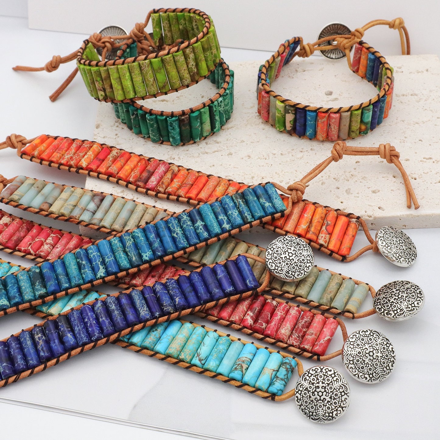 New Design Fashion Women Bohemia Handmade Tube Natural Stone Beads Braided RopeJewelry Ajustable Custom Natural Stone Bracelet