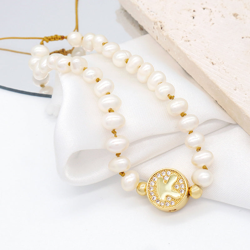 Fashionable Wholesale custom Gold Plated Initial charm bracelet jewelry Handmade ajustable fresh water pearl bracelet For women