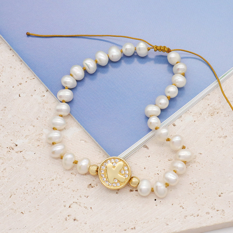 Fashionable Wholesale custom Gold Plated Initial charm bracelet jewelry Handmade ajustable fresh water pearl bracelet For women
