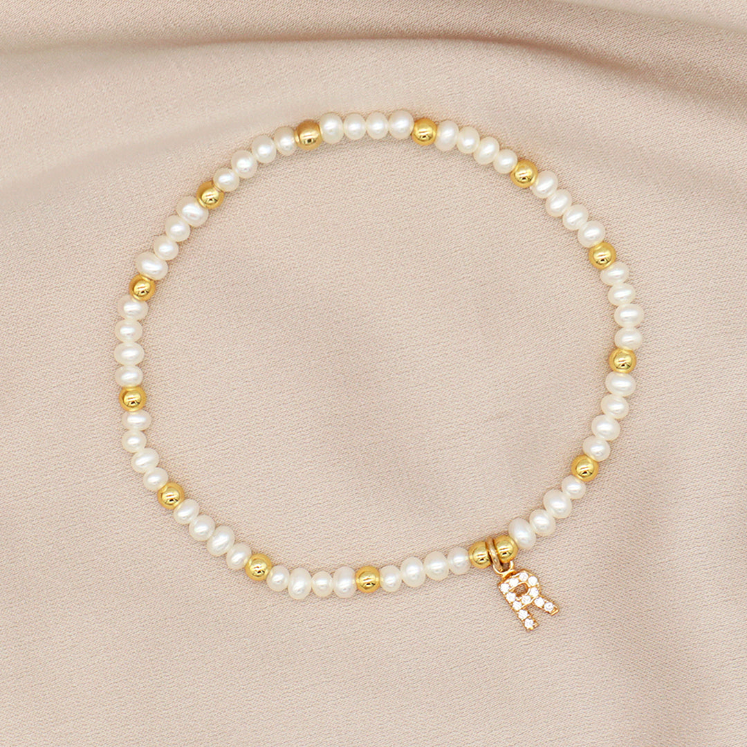 Factory custom Handmade OEM Jewelry Gold Plated 925 sterling silver beads initial Letter charm fresh water pearl Beaded bracelet