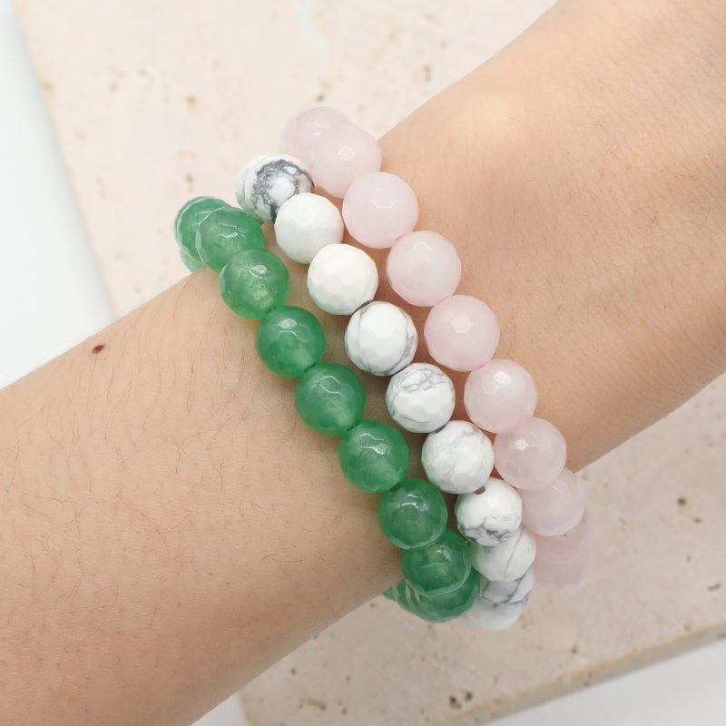 8mm Elastic Natural Stone Beads Custom Women Men Gift OEM Handmade Faceted White Howlite Green Aventurine Pink Quartz Bracelet